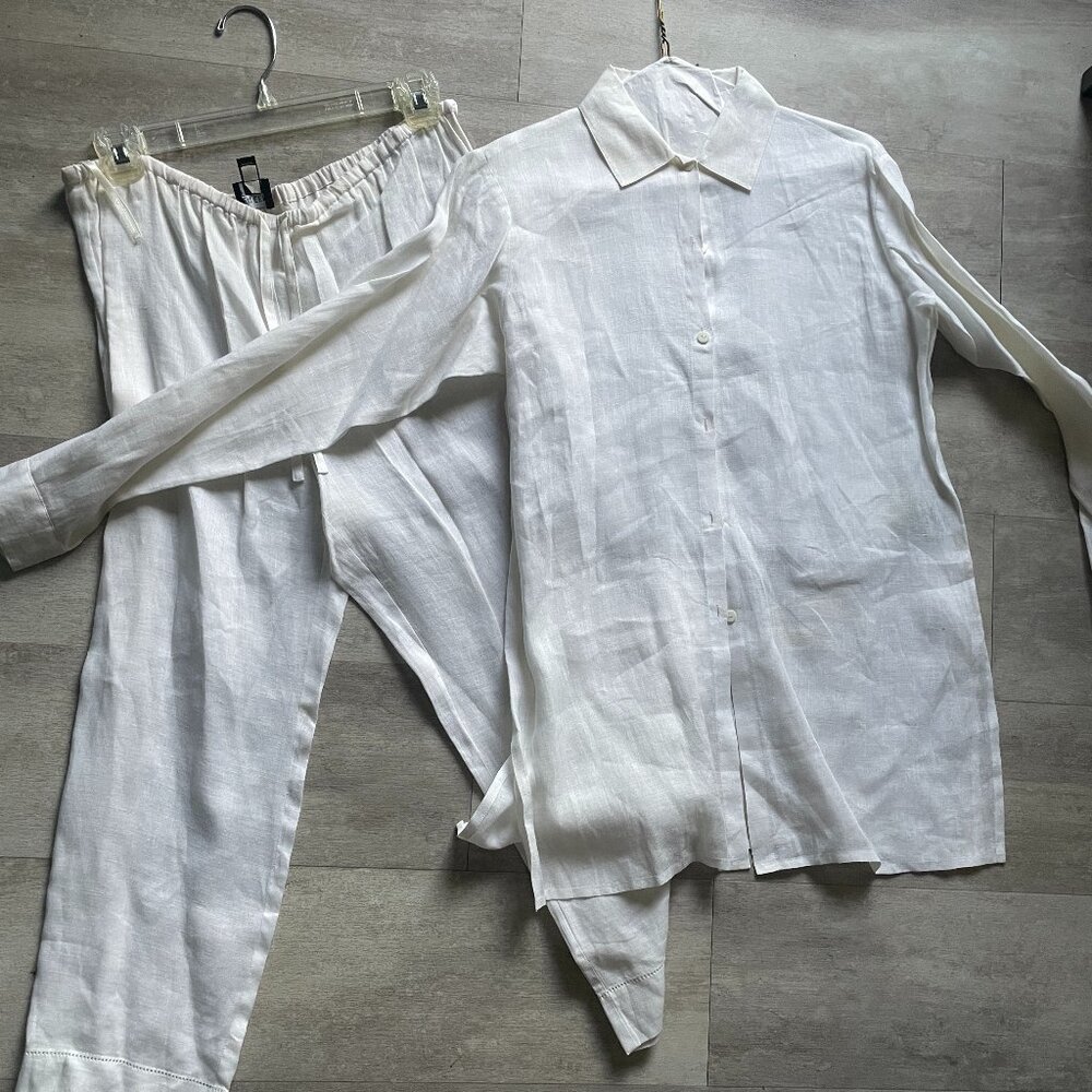 Eileen Fisher White Petite Linen Long Sleeve Button Down Set